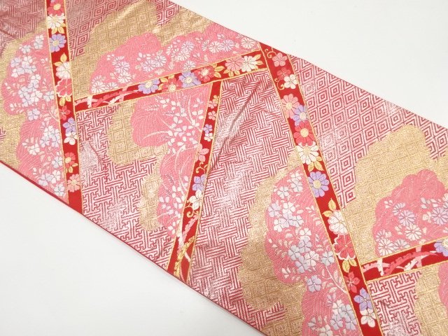 切りばめ風　花に古典柄織り出し　振袖用袋帯